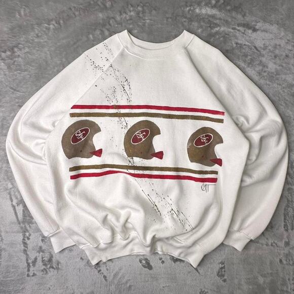 Vintage 80’s San Francisco 49er’s NFL White 3 Helmets AOP Crewneck Sweatshirt XL - Picture 1 of 6
